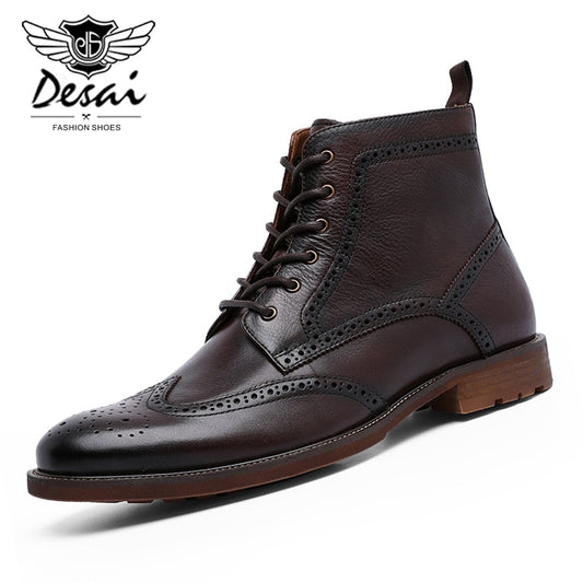 DESAI Chelsea Upgraded Zipper Men's Brock Boots Carved Business British Style Men's Shoes Genuine Leather Boots Men Ankle Boots