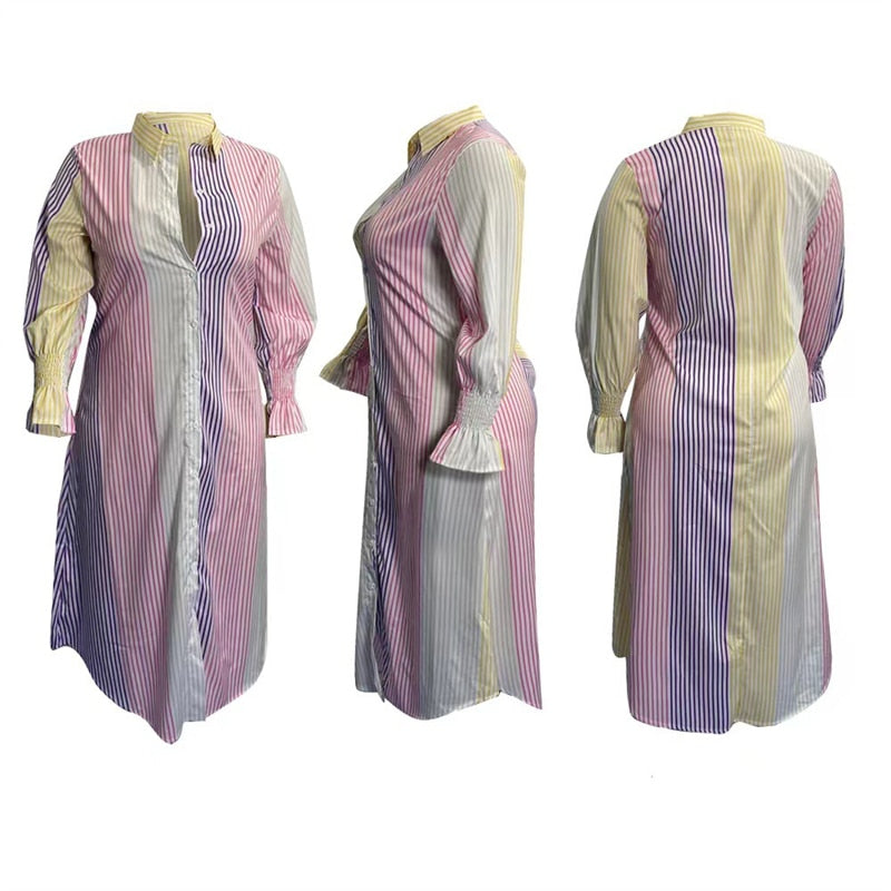 Plus Size Dresses Women Clothing Office Elegant Midi Dress Striped Ladies Long Sleeve Shirt Dress Dropshipping Wholesale