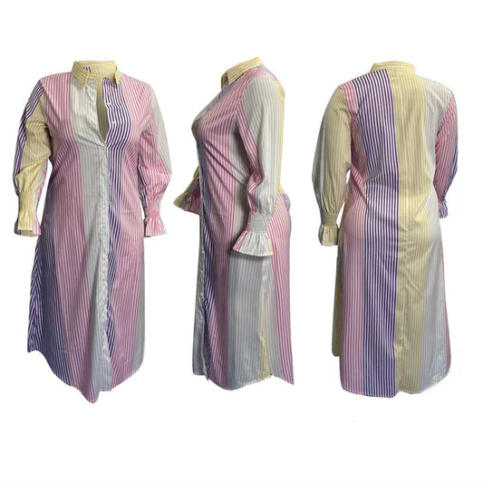 Plus Size Dresses Women Clothing Office Elegant Midi Dress Striped Ladies Long Sleeve Shirt Dress Dropshipping Wholesale