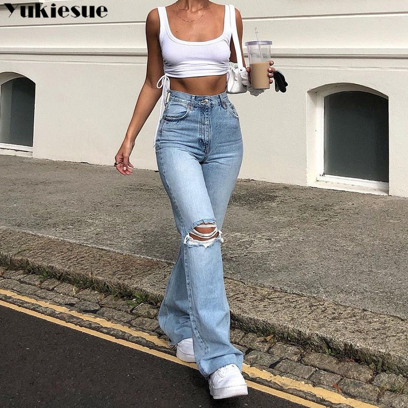 flare Pants Female Women's Jeans clothes Boyfriend Jeans Women Jeans Pants High Waist Mom Ripped Jeans 2021 Stright Trousers