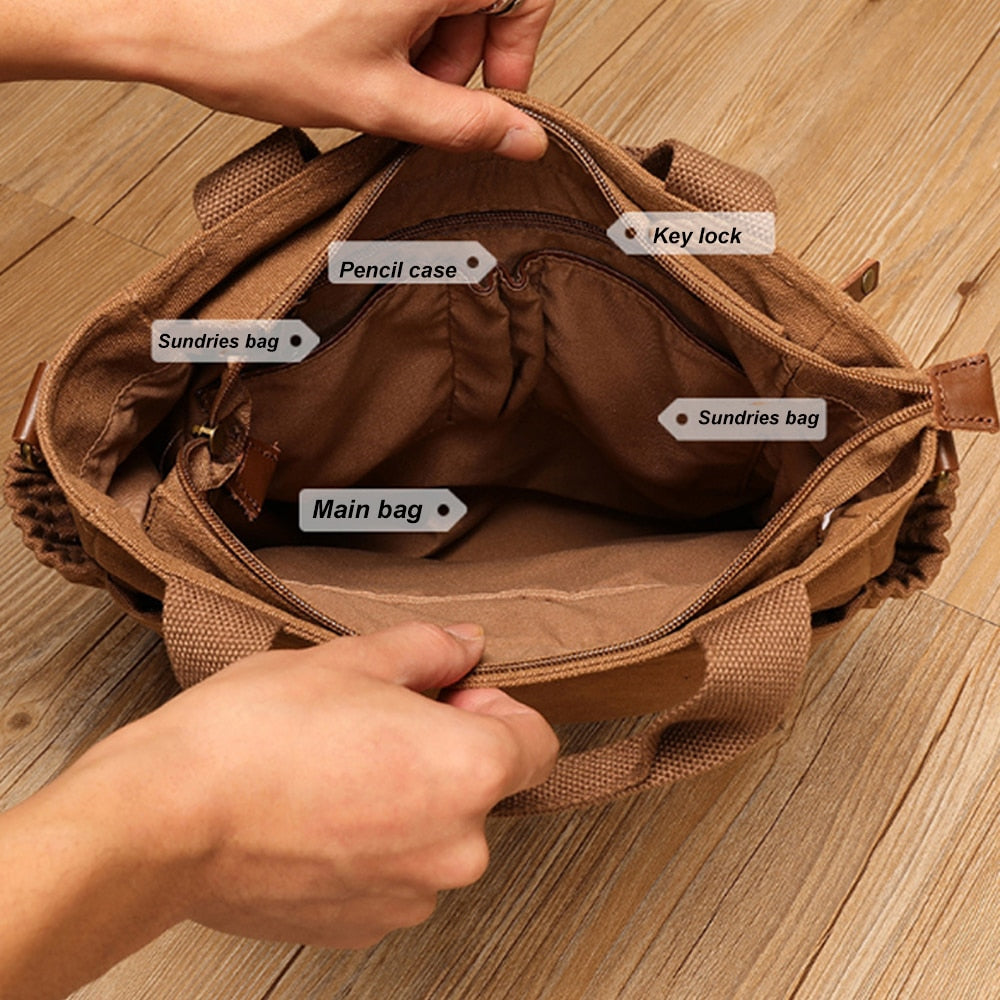 Business Men Canvas Handbag Casual Large Crossbody Shoulder Bag Vintage Tote Male Office Handbags Retro Brown Satchel Bags XA74C
