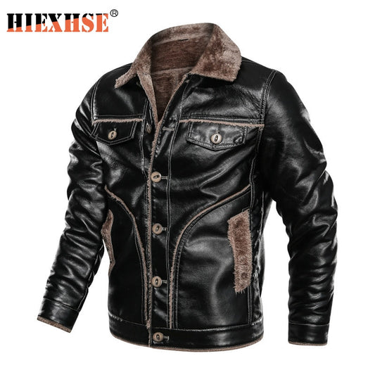 HIEXHSE Men Leather Jacket Winter Faux Leather Coat Parka Motorcycle Bike Bomber Jackets Men Fur Lining Coats Men's Cloting 8XL
