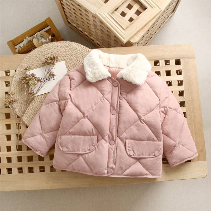 2022 New Winter Children's Warm Cotton Jackets Rabbit Fur Collar Coats Baby Short Quilted Jacket Kids Clothes Girl Boy Outerwear