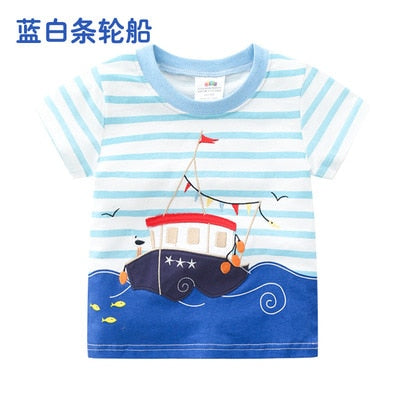 2023 Summer 2-10T Children'S Birthday Clothing Dinosaur Car Striped Print Short Sleeve Basic Tops Cartoon T-Shirt For Kids Boy