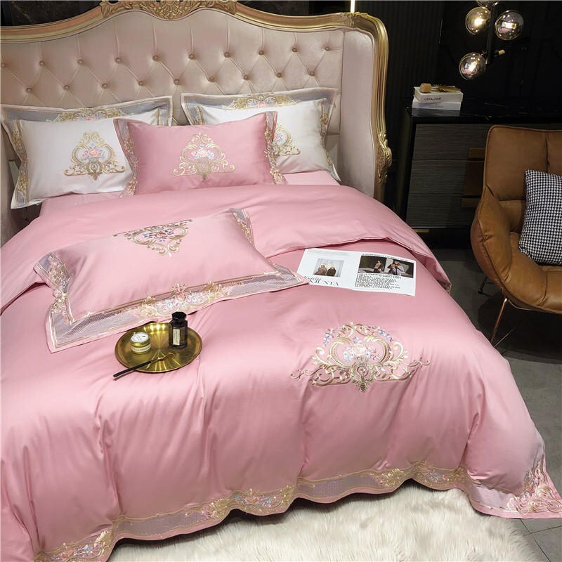 Premium 1000TC Egyptian Cotton US Queen King 104X90" Oversize Bedding Set White Pink Embroidery Duvet Cover Bed Sheet Pillowcase