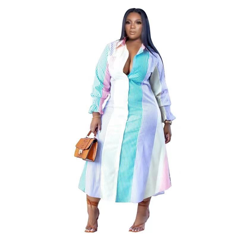 Plus Size Dresses Women Clothing Office Elegant Midi Dress Striped Ladies Long Sleeve Shirt Dress Dropshipping Wholesale
