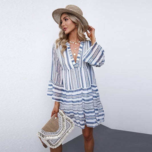 Long Sleeve Thin Fashion Pullover Deep V-Knee Dress