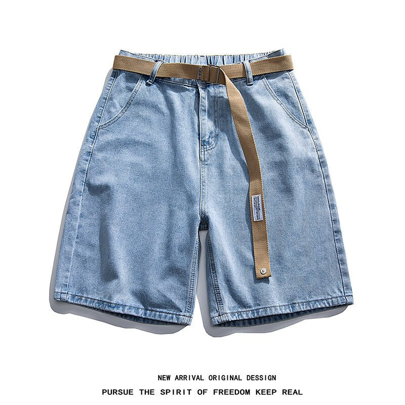 2023 Summer Men's Loose Denim Shorts Fashion Belt Street Boy Casual Baggy Five-point Pants All-match Casual Shorts