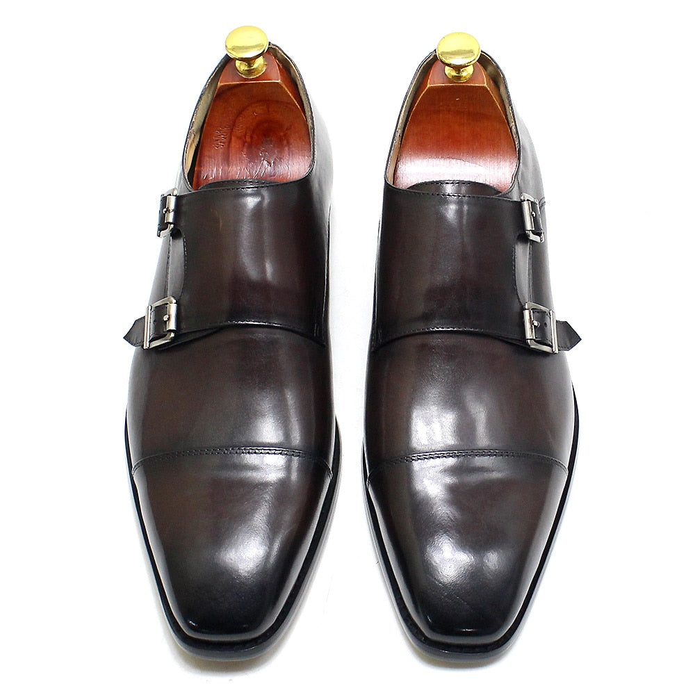 Luxury Men's Genuine Leather Formal Shoes Classic Double Buckle Monk Strap Cap Toe Business Office Dress Shoes Male Wedding Shoe