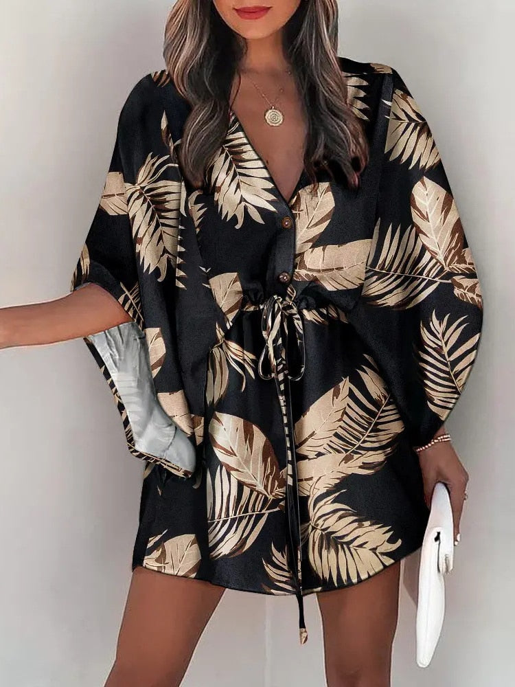 Casual Boho Beach Vacation Mini Dress Women Summer Print Lace Up Button Batwing Sleeve Dresses For Women's Loose  Female Robe