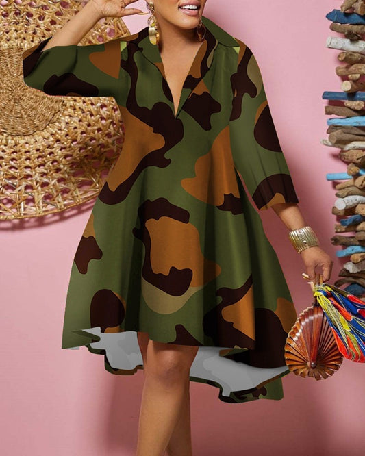 Fashion Print Loose Shirt Dress Women 2023 Spring Casual Leopard Camouflage Print Button Shirt Irregular Dresses For Women's