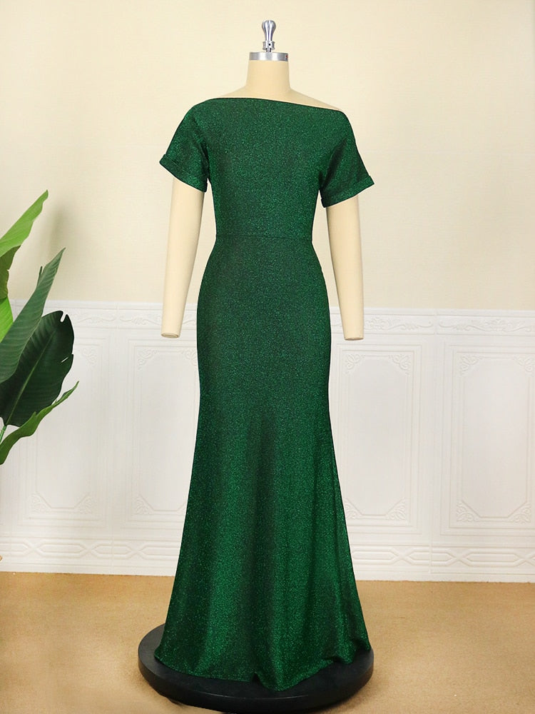Oversized Sequins Long Green Dress Women Short Sleeve Slash Collar Slim Elegant Dresses for Evening Party 2022 Spring Summer New