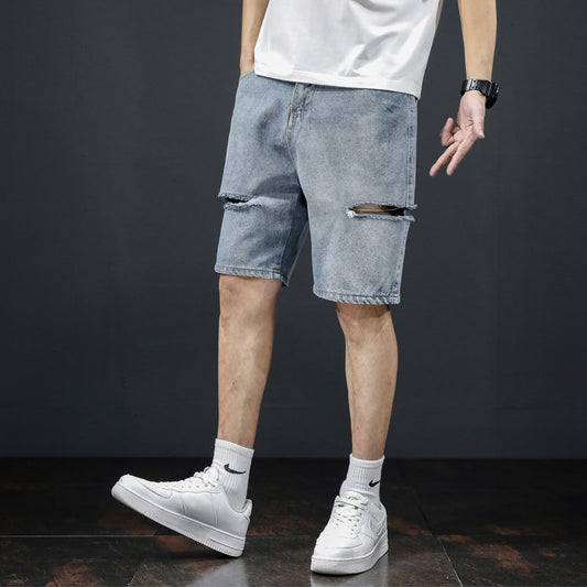 Fashionable Holed Men's Denim Shorts Street Hip-hop Knife Cut Straight Leg Five-piece Pants Versatile Light Color Pants