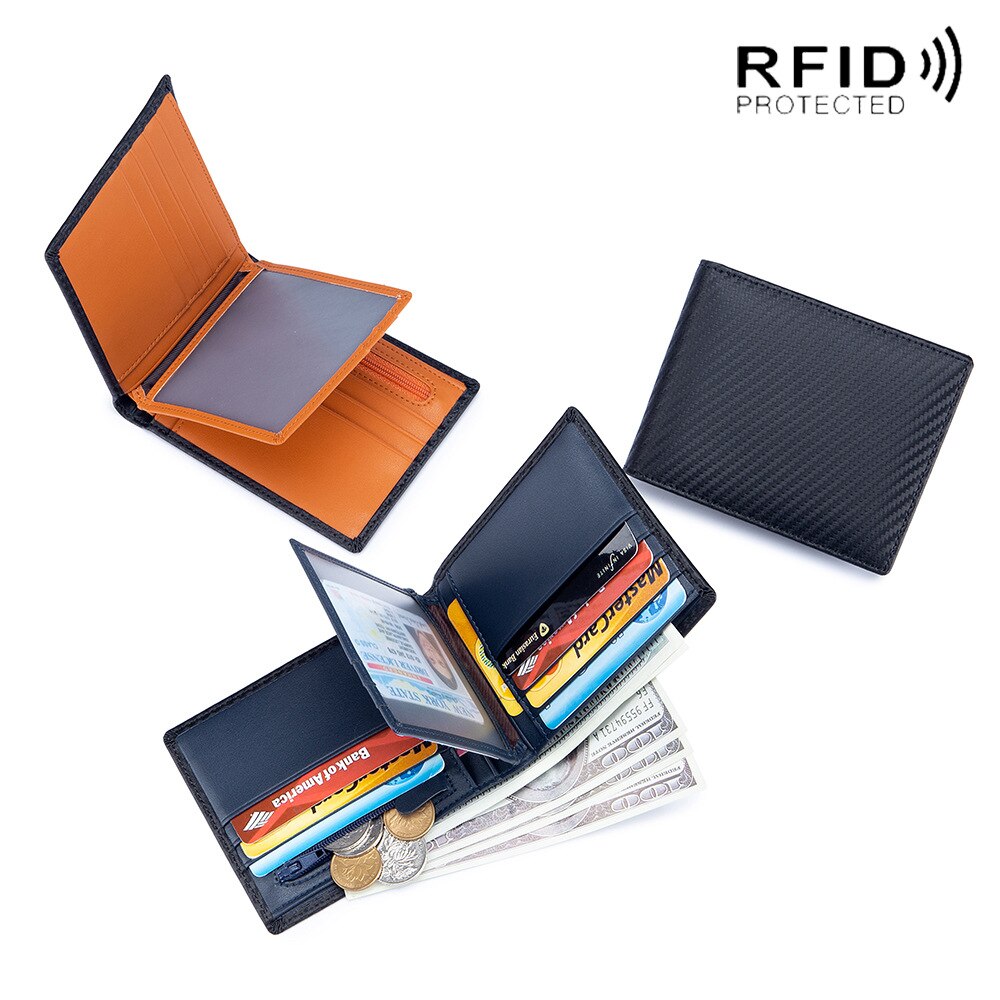 Men Pocket Wallet Rfid Anti-thief Short Wallets Genuine Leather Coin Purse Cash ID Cards Holder Card Organizer Black