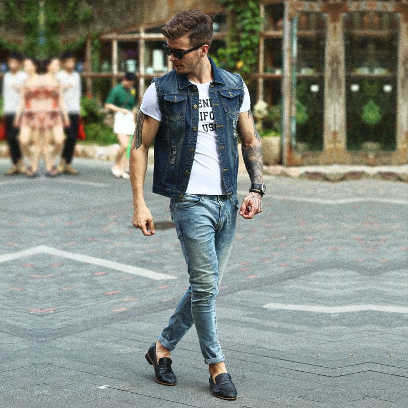 2022 Men's Denim Vest Retro Washed Slim Sleeveless Cowboy Motorcycle Jacket Street Hip Hop Fashion Casual Jean ClothesSummer