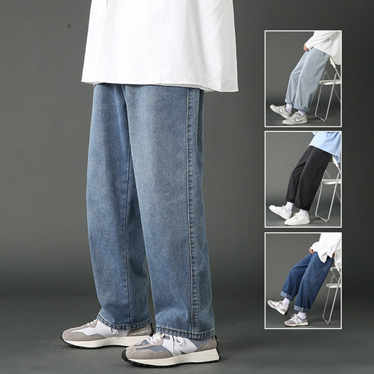 2022 New Street Casual Baggy Jeans Men's Korean Fashion Hip Hop Straight Wide Leg Trousers Couple Denim Pants Black Light Blue