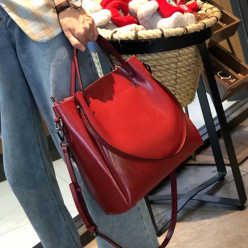 One-shoulder Large Casual Tote Fashion Messenger Cowhide Leather Women's Bag Large-capacity Ladies Handbag Bucket High Quality
