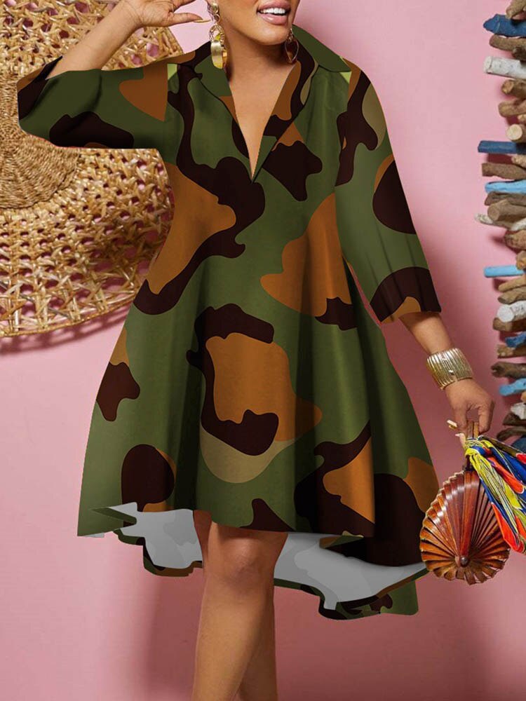 Fashion Print Loose Shirt Dress Women 2023 Spring Casual Leopard Camouflage Print Button Shirt Irregular Dresses For Women's