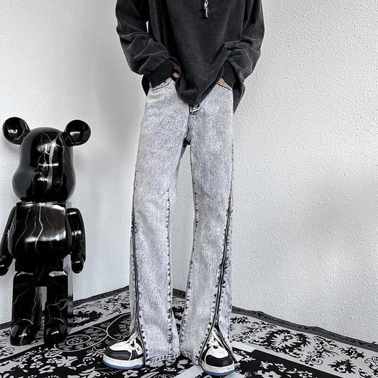 Fashion Zipper Trousers Blue Jeans Men 2022 Autumn New High Street Straight Denim Neutral Casual Jean Pants Male Vintage Gray