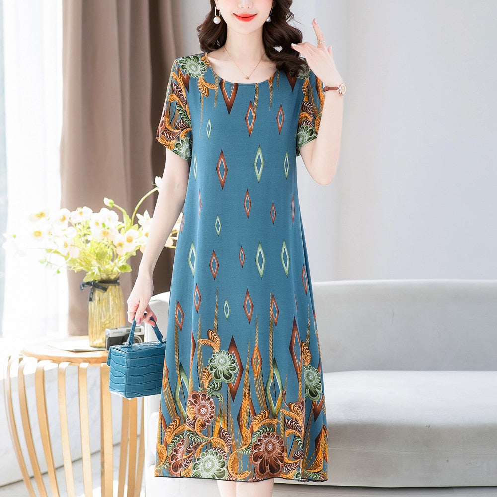 New Fashion 2023 Summer Dress For Long Vintage Loose Women Elegant Short Sleeve Casual O-neck Dresses Print Woman Clothing