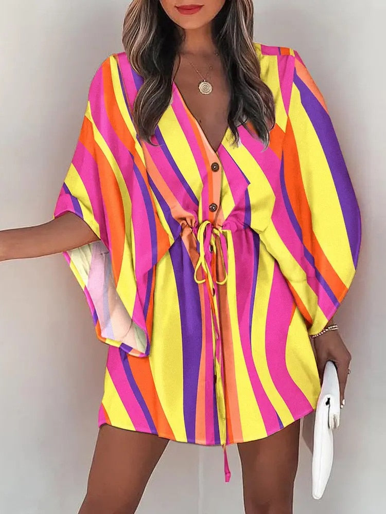 Casual Boho Beach Vacation Mini Dress Women Summer Print Lace Up Button Batwing Sleeve Dresses For Women's Loose  Female Robe