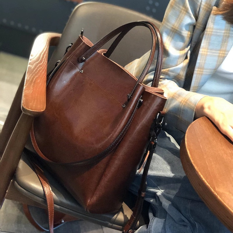 One-shoulder Large Casual Tote Fashion Messenger Cowhide Leather Women's Bag Large-capacity Ladies Handbag Bucket High Quality