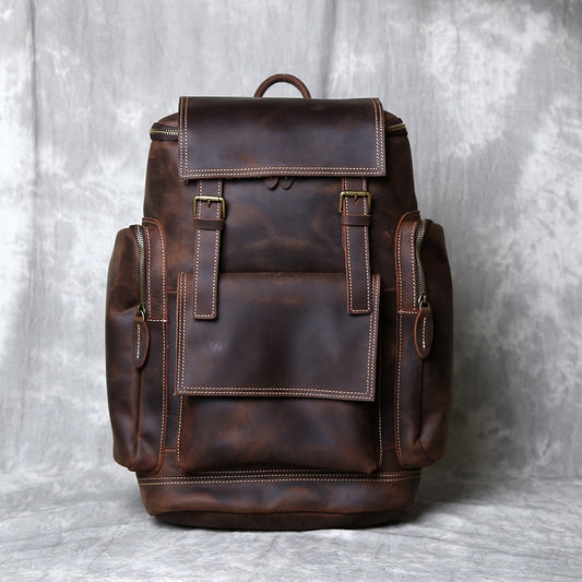 NZPJ Retro Genuine Leather Men's Backpack First Layer Leather Travel Backpack Large Capacity Natural Cowhide Laptop Bag