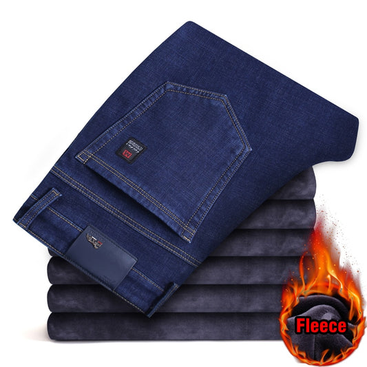 2022 Winter New Men's Fleece Warm Jeans Classic Style Business Casual Thicken Regular Fit Denim Pants Black Blue Brand Trousers