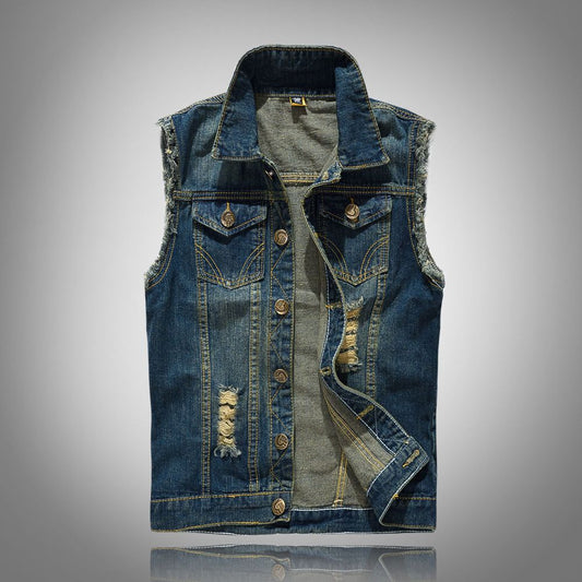2022 Men's Denim Vest Retro Washed Slim Sleeveless Cowboy Motorcycle Jacket Street Hip Hop Fashion Casual Jean ClothesSummer