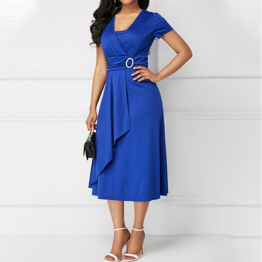 Fashion Elegant Solid Color High Waist Party Dress Women's Clothing Commute Short Sleeve Asymmetrical Patchwork Midi Dresses