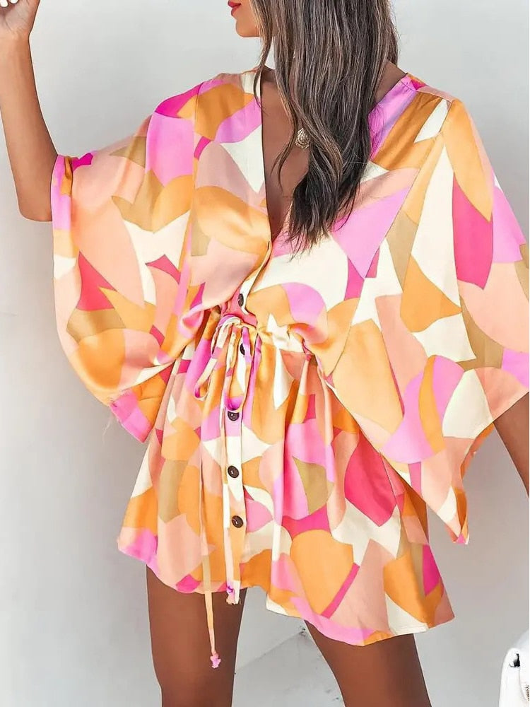 Casual Boho Beach Vacation Mini Dress Women Summer Print Lace Up Button Batwing Sleeve Dresses For Women's Loose  Female Robe