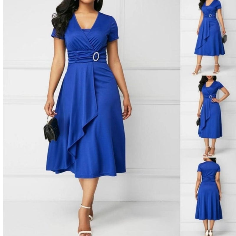 Fashion Elegant Solid Color High Waist Party Dress Women's Clothing Commute Short Sleeve Asymmetrical Patchwork Midi Dresses