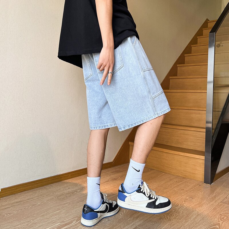 2023 Summer New High Street Casual Versatile Denim Capris Elastic Waist Men's Korean Style Loose Wide Leg Large Pocket Shorts