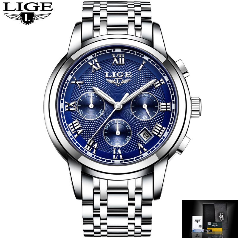 LIGE Men's Watch Big Dial Stainless Steel Band Date Mens Business Male Watches Waterproof Luxuries Men Wrist Watches for Men