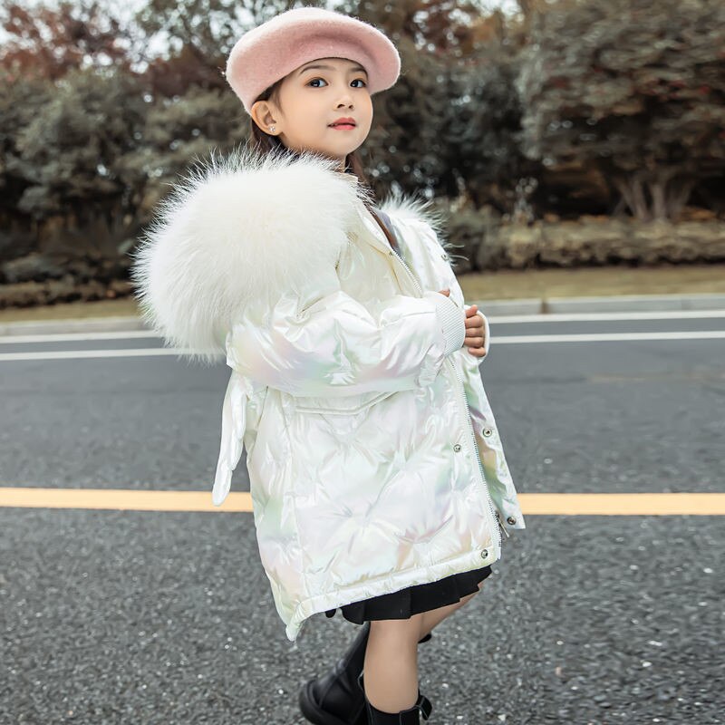 Girls Hooded Down Parkas Fur Collar Outerwear 3-10 Years 2022 Winter Girl Thick Warm Shiny Jacket Long Coats Kids Down Jackets