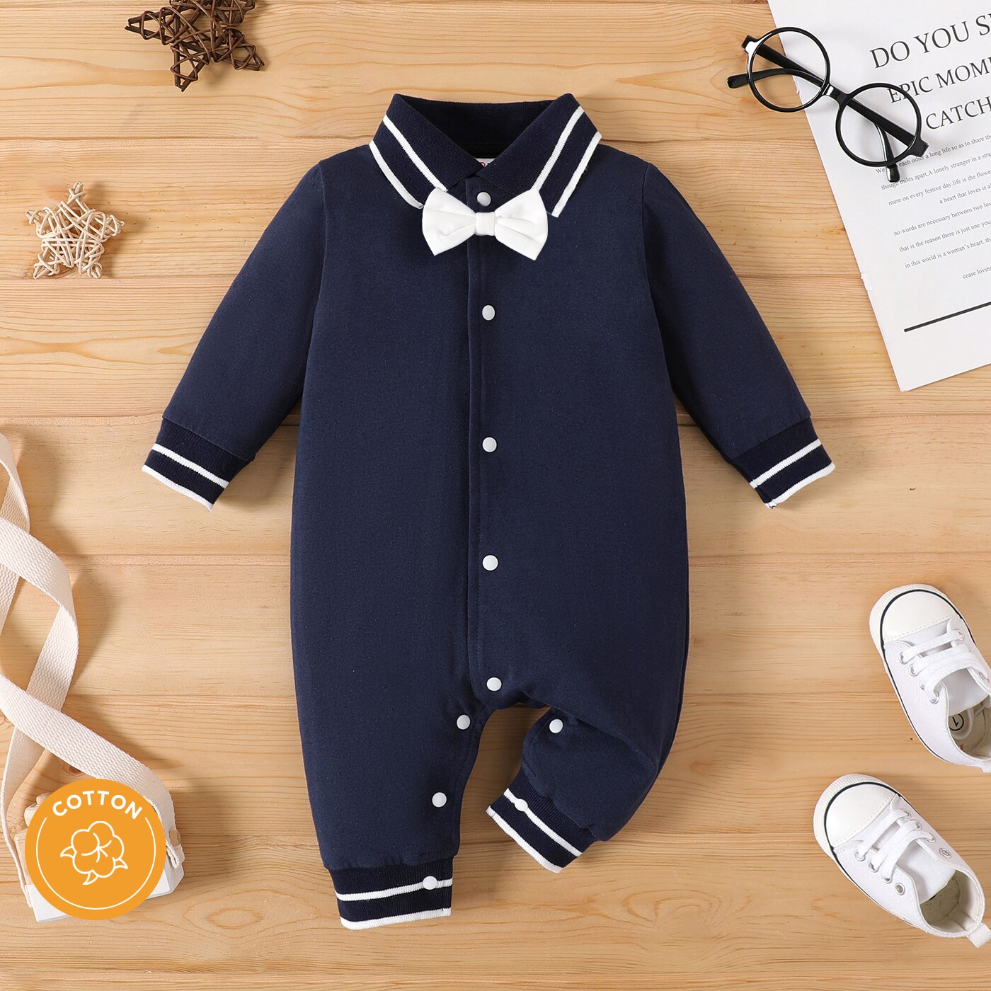 PatPat Baby Boy 95% Cotton Polo Neck Long-sleeve Gentleman Bow Tie Jumpsuit