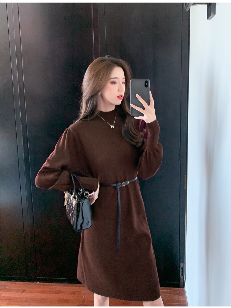 Elegant Women's Dresses for Party 2022  Autumn Winter Female Clothing Solid Dresses Woman with Belt OL Lantern Sleeve Knit Dress