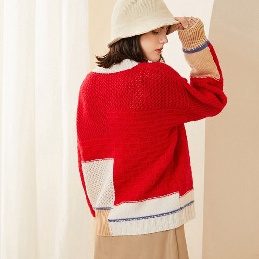 Tall Goods 100% Cashmere Thickened Hollow Color Matching Cashmere Cardigan Sweater Women's V-neck Temperament Fashion Top Coat