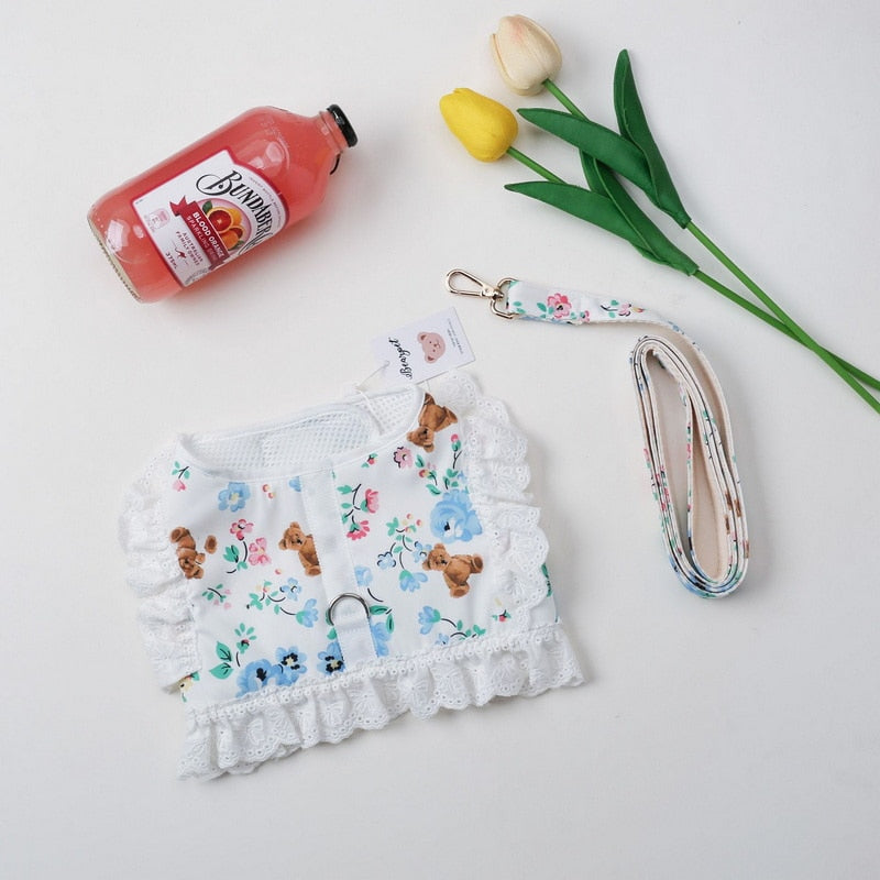Dog Cat Harness Leash Set Adjustable Lace Floral Pet Harness Vest Cute Puppy Dog Princess Dress Skirt Walking Lead Chihuahua