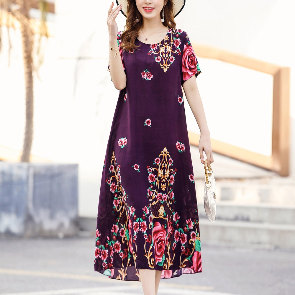 New Fashion 2023 Summer Dress For Long Vintage Loose Women Elegant Short Sleeve Casual O-neck Dresses Print Woman Clothing