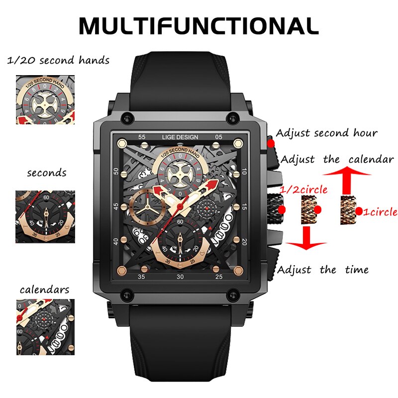 LIGE Casual Sport Watches for Men Top Brand Luxury Military Silicone Wrist Watch Man Clock Rectangle Chronograph Wristwatch