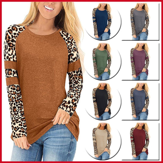 Autumn Patchwork Leopard Print T-shirts Women's Long Sleeve Top O-Neck Loose Pullover Tees Harajuku Vintage Basic Tshirt Female
