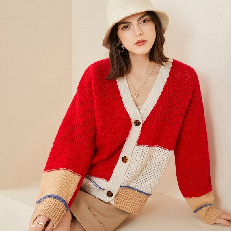 Tall Goods 100% Cashmere Thickened Hollow Color Matching Cashmere Cardigan Sweater Women's V-neck Temperament Fashion Top Coat