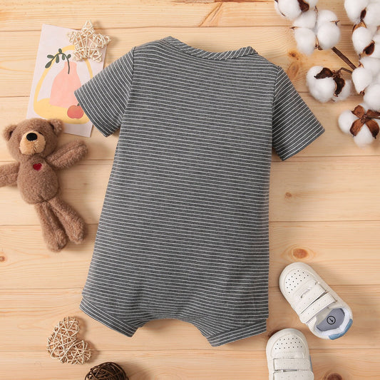 PatPat Baby Boy Koala Print White/Grey Striped Short-sleeve Snap Romper