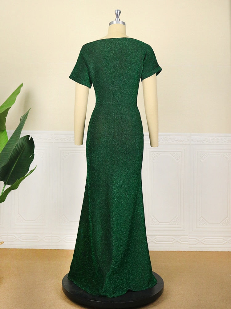 Oversized Sequins Long Green Dress Women Short Sleeve Slash Collar Slim Elegant Dresses for Evening Party 2022 Spring Summer New