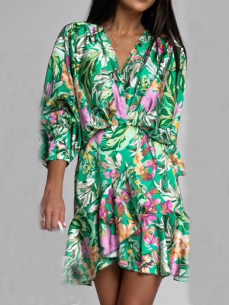 Fashion Ruffle Flower Print Irregular Dress For Women 2022 Spring Autumn Batwing Long Sleeve Elegant Office Ladies Mini Dresses