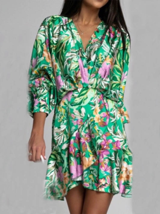 Fashion Ruffle Flower Print Irregular Dress For Women 2022 Spring Autumn Batwing Long Sleeve Elegant Office Ladies Mini Dresses