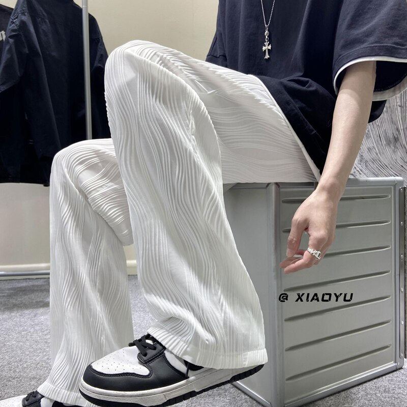 Men's Fashion Straight Pleated Pants Elastic Waist Casual Pants Men's Street Loose Ice Silk Wide Leg Pants White Black M-5XL