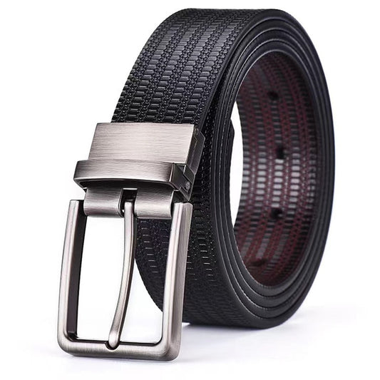 New Business Rotary Buckle Men's Leather Belt Men's Leather Rice Grain Embossed Trousers Belt Leather Belt