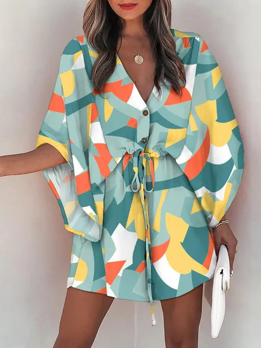 Casual Boho Beach Vacation Mini Dress Women Summer Print Lace Up Button Batwing Sleeve Dresses For Women's Loose  Female Robe